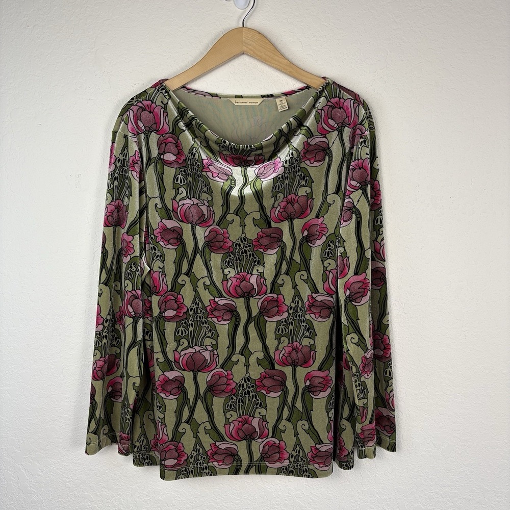 Vtg Bechamel 2x Velvet Top Long Sleeve Y2K Fairy Floral Green Whimsy Boat Neck
